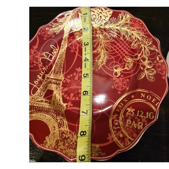 222 Fifth Joyeux Noel Red Gold Paris Eiffel Tower Holiday Plates 4 Set 9" Salad - Picture 7 of 7